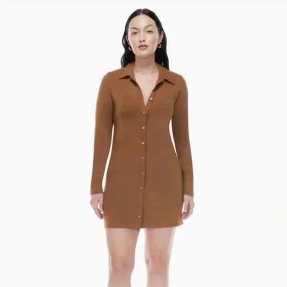 Aritzia Wilfred Free Pose Button Down Shirt Dress Soft Jersey Long Sleeve Mini - Picture 1 of 10